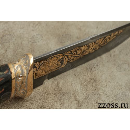 Нож «Королевский Лондон» Н8-П, сталь черный дамаск (У10А-7ХНМ), рукоять: золото, стабилизированная береза, резная гарда, рисованный клинок в золоте, медведь